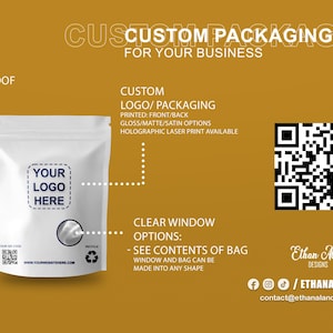 Puede incluir: Bolsa de embalaje blanca personalizada con cierre de cremallera, con espacio para un logotipo y una ventana transparente. El dise&ntilde;o incluye un c&oacute;digo QR y el texto: "Embalaje personalizado para su negocio."