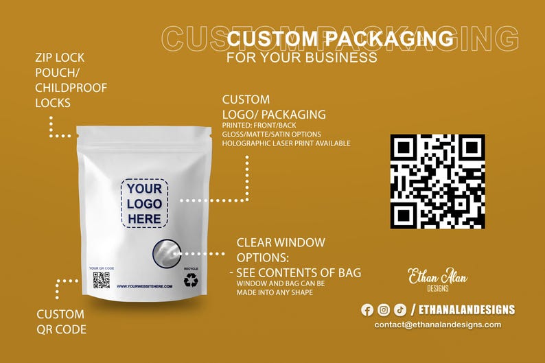 Puede incluir: Bolsa de embalaje blanca personalizada con cierre de cremallera, con espacio para un logotipo y una ventana transparente. El dise&ntilde;o incluye un c&oacute;digo QR y el texto: "Embalaje personalizado para su negocio."