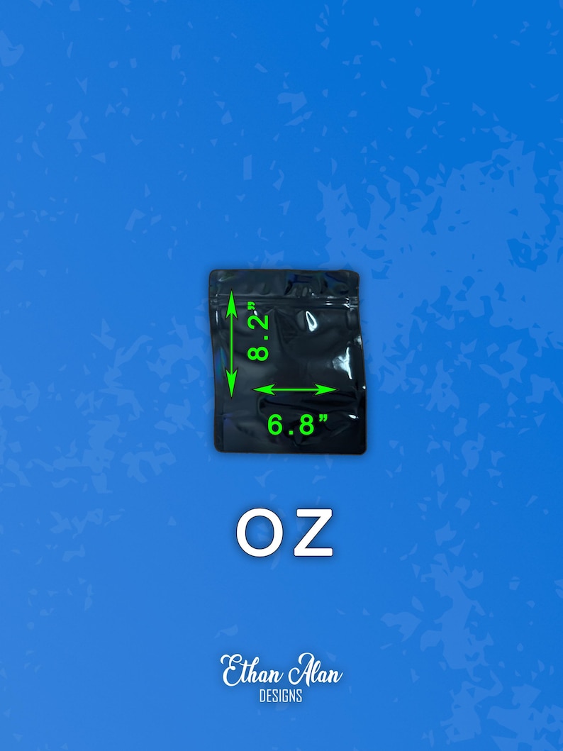 May include: A black, rectangular bag with dimensions of 8.2 inches by 6.8 inches, with the letters "OZ" in white below it. The bag is on a blue background. The brand name "Ethan Alan Designs" is at the bottom.