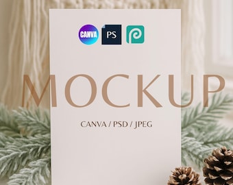 Holiday Invitation Mockup, Elegant Winter Theme Mockup, Christmas Greeting Card Mockup, Canva, 5x7 Winter Card PSD, Neutral Xmas Mockup