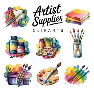 May include: Artist Supplies Clipart set featuring watercolour illustrations of paintbrushes, paint tubes, palettes, and books. The set includes a variety of colours and styles.