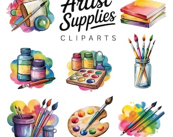 48x PNGs Artist Supplies Watercolor Clipart Bundle Art Supplies Images, Creative Painter Graphics, Instant Digital Download, Commercial Use