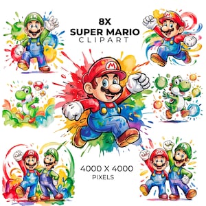 Super Mario Graphic - 8 PNG Watercolor Designs for T-Shirts, Sublimation Files, High Resolution Instant Digital Download MARIO FONT