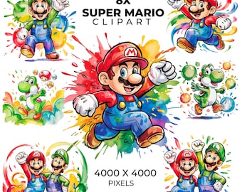 Super Mario Graphic - 8 PNG Watercolor Designs for T-Shirts, Sublimation Files, High Resolution Instant Digital Download MARIO FONT