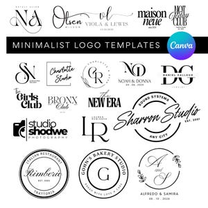 May include: A collection of minimalist logo templates in black and white. The logos feature various fonts and designs, including circular, square, and script styles. Text includes business names and dates. The word "Canva" is also visible.