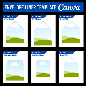 May include: An image displaying six envelope liner templates, each with a unique shape and size. The designs feature a blue sky and green landscape. The text "ENVELOPE LINER TEMPLATE Canva" is at the top of the image.