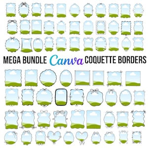 Pode incluir: Uma coleção de bordas coquette Canva desenhadas à mão em várias formas, incluindo retângulos, ovais e corações. Cada borda apresenta um céu azul, uma paisagem verde e elementos decorativos como laços e bordas onduladas. O texto diz "MEGA BUNDLE Canva COQUETTE BORDERS."