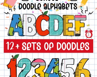 School Doodle Teacher Alphabet Number PNG Bundle, Preppy Student Font for Custom Name, Classroom Decor, Teacher Resources, Bulletin Board