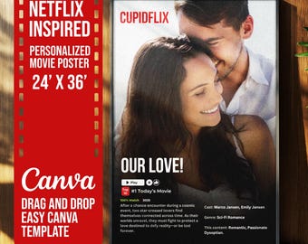 Netflix inspired Couples Valentines Day treat card Movie Poster templates, card template Canva, Christmas Gift, print ready, Canva Template