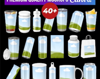 May include: A collection of mockups featuring various containers and drinkware, including glasses, bottles, cans, and a mug. Each item has a blue sky and green landscape design. The image includes the text "PREMIUM QUALITY MOCKUPS Canva" and a red circle with "40+".