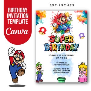 Supermario Schrift-Geburtstagseinladung | Bearbeitbare und druckbare Vorlage | Mario Bros Mottoparty Einladen | SVG Aquarell Stil In Canva bearbeiten