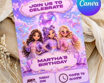 Kids Disco Birthday Canva Invite template, Custom Name retro Invite, Personalized Canva Party Card, Birthday Theme, Girl Party Invitation