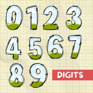 May include: A set of hand-drawn numbers with a green and blue color scheme. The numbers are outlined in black and have a stitched appearance. The word "DIGITS" is written in red at the bottom of the image.