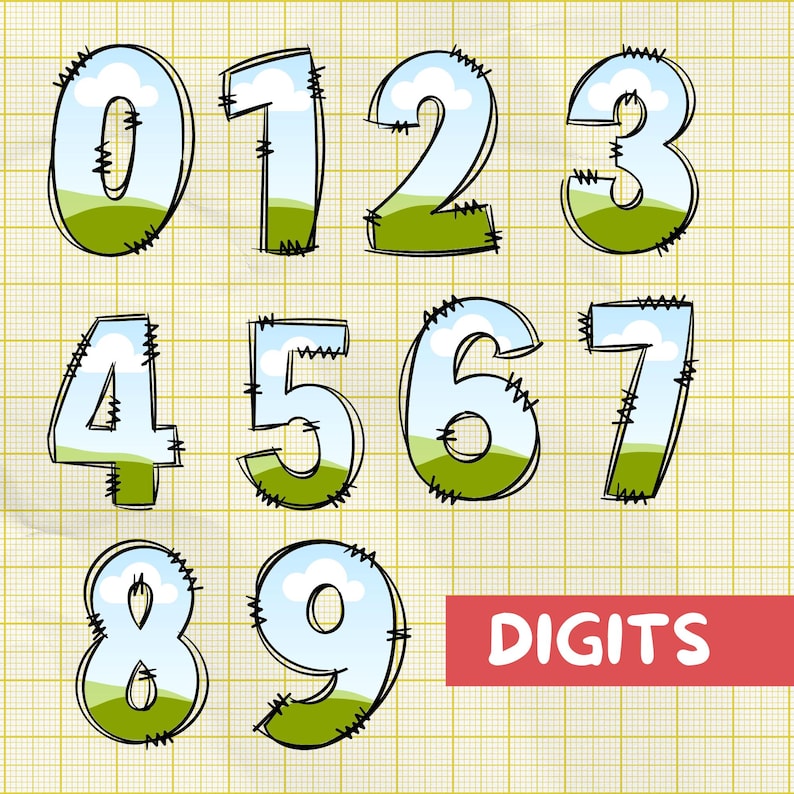 May include: A set of hand-drawn numbers with a green and blue color scheme. The numbers are outlined in black and have a stitched appearance. The word "DIGITS" is written in red at the bottom of the image.