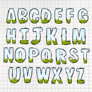 May include: A cartoon alphabet with each letter outlined in black and filled with a blue sky, white clouds, and green grass.