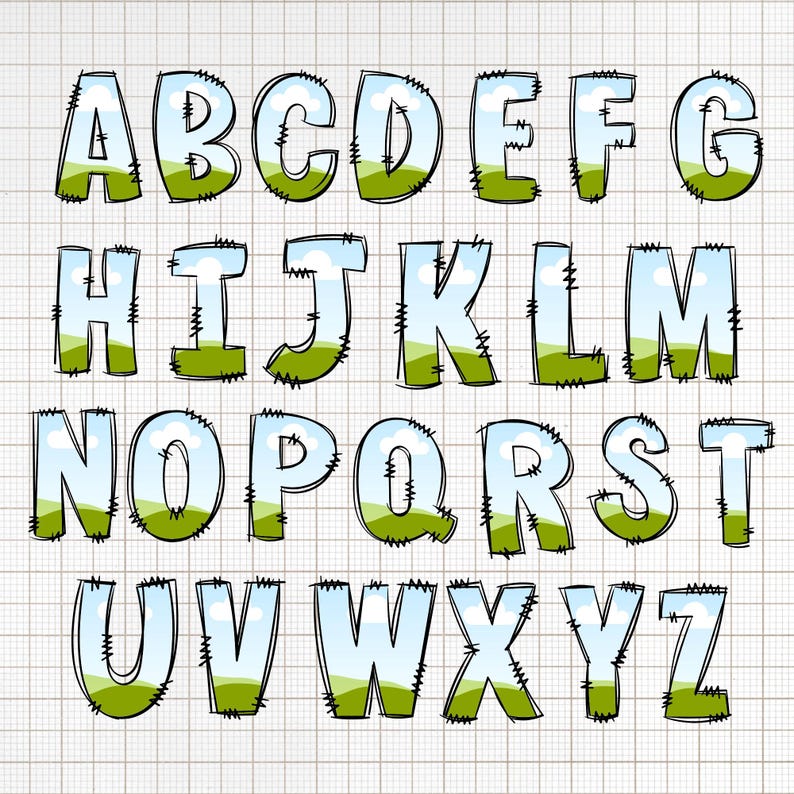 May include: A cartoon alphabet with each letter outlined in black and filled with a blue sky, white clouds, and green grass.