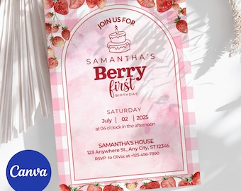 Berry First Birthday Invitation | Editable Canva Template | Strawberry Pink Gingham + Watercolor Strawberries (Digital Download)