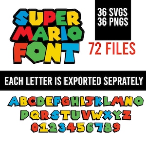 スーパーマリオフォントSVG、マリオブラザーズタイポグラフィ72ファイルSVG PNG、スーパーマリオクールフォント文字SVGベクターデジタルダウンロード