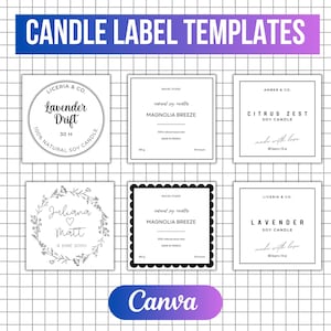 Op de afbeelding: Een verzameling kaarslabel sjablonen met verschillende ontwerpen. De labels bevatten tekst zoals "Lavender Drift", "Magnolia Breeze" en "Citrus Zest". De labels zijn in zwart en wit, met een rasterachtergrond en het woord "Canva" onderaan.