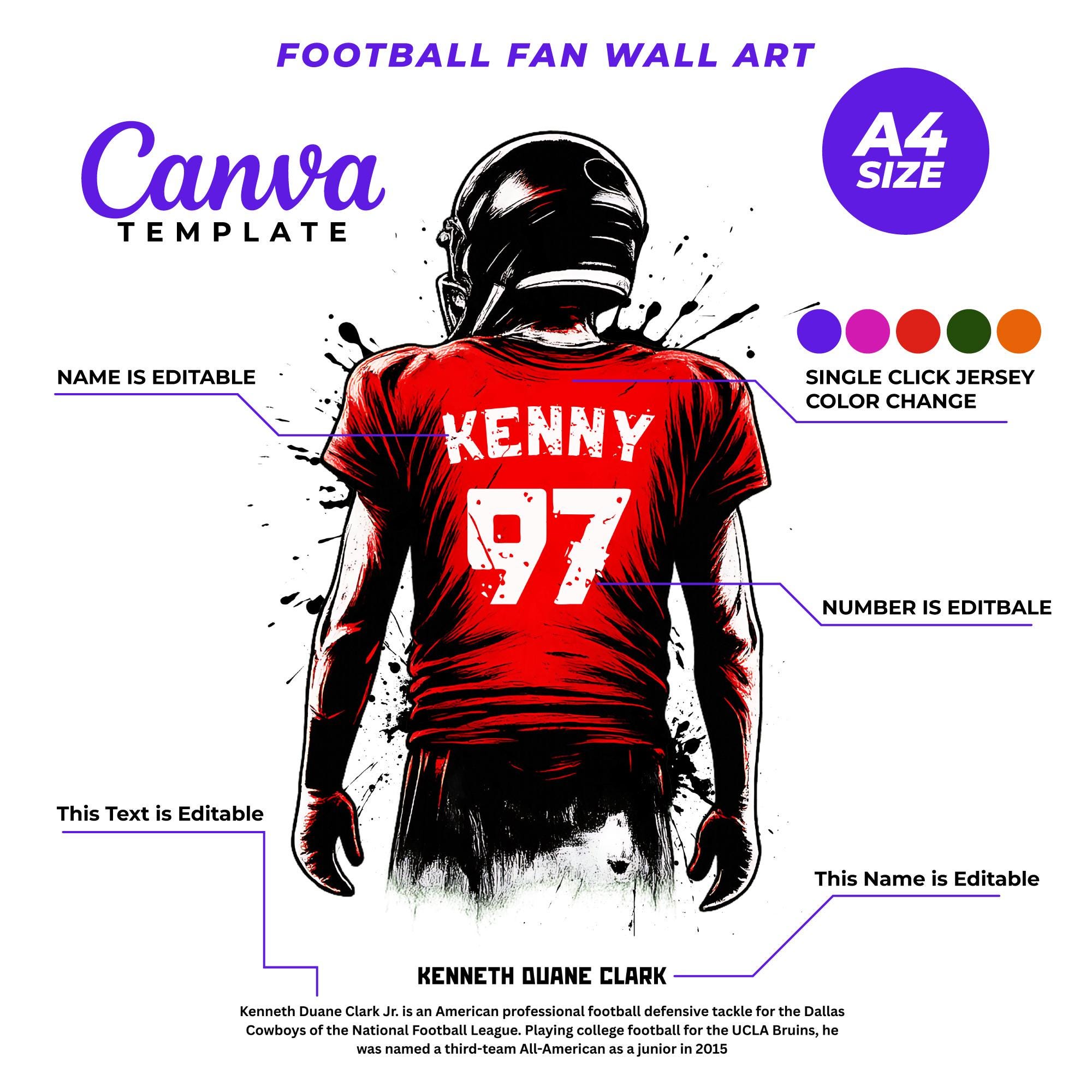 Personalized American Football Wall Art Canva Template, Custom
