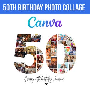 50th Birthday Photo Collage Template, Number 50 Collage, 50th Collage, Custom Gift for her, 50th Birthday, Number Collage, Canva Template