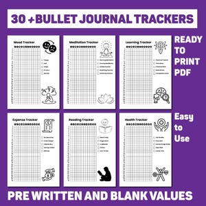 May include: A purple graphic with the text "30+ BULLET JOURNAL TRACKERS" and several printable tracker templates. The templates include mood, meditation, learning, expense, reading, and health trackers. The text "READY TO PRINT PDF" is also included.
