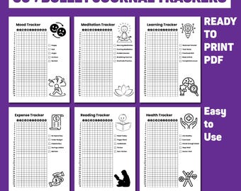 2026 Bullet Journal Trackers, Undated, Yearly trackers bundle, BUJO Planner with doodles to color and track goals around the year
