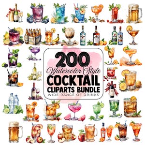 200+ Watercolor Cocktail Clipart Bundle, Bar Menu, Champagne Clipart, Wedding Cocktail PNG, Alcohol Clipart, Champagne, Wine, Beeer, Whiskey