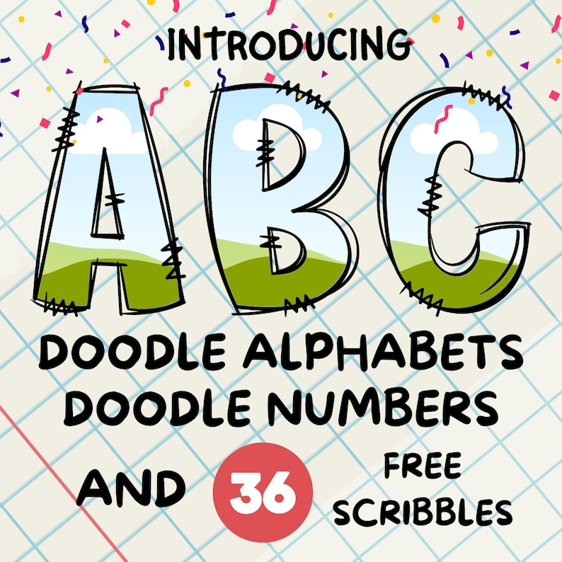 May include: Introducing ABC Doodle Alphabets and Doodle Numbers, plus 36 free scribbles. The image features a colorful, hand-drawn style with a blue sky and green grass background.