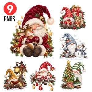 Op de afbeelding: Een verzameling van negen digitale illustraties met kerstkabouters in diverse feestelijke scènes, waaronder kabouters met rendieren, gestapelde cadeaus, sneeuwpoppen, lantaarns, vogels en versierde kerstbomen, allemaal geaccentueerd met sterren.