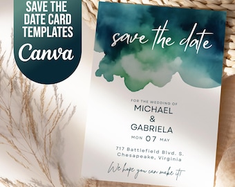 Emerald Wedding Save The Date Card, Printable Canva template Boho Destination Wedding Invite, Watercolor Blue and Green Editable 5x7