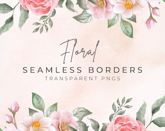 12 Floral seamless border, Transparent Pink peonies and greenery, Elegant flowers, Wedding frame, floral clipart PNG, Digital download