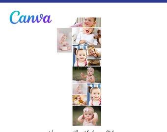 Birthday Number 1 Photo Collage, Birthday Gift, First Birthday Photo Sign, Editable 1st Birthday Photo Poster Templ, Instant Download, Canva