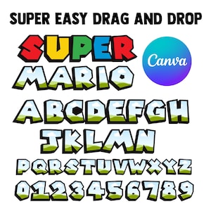 Super Mario Schriftart Canva Vorlage, Mario Bros Typografie, Super Mario coole Schriftart Buchstaben ziehen Rahmen Vektor digitaler Download