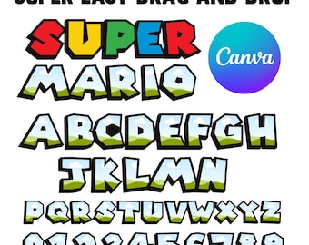 Super Mario Font Canva template , Mario bros typography, Super mario cool Font letters Drag n Drop frames Vector Digital Download