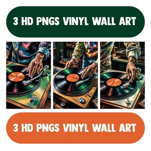 Puede incluir: Tres impresiones de arte digital de una mano ajustando un disco en un tocadiscos. El tocadiscos es marr&oacute;n con un disco negro y una alfombrilla verde. La mano lleva un anillo de oro. El fondo es una imagen borrosa de una habitaci&oacute;n con estanter&iacute;as y el torso de una persona.