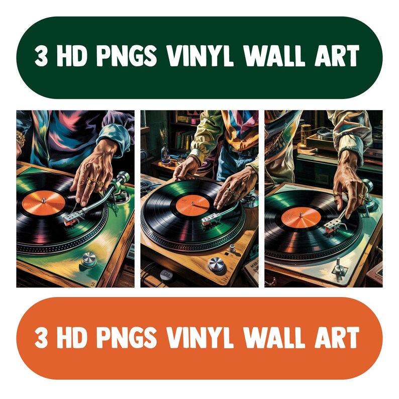 Puede incluir: Tres impresiones de arte digital de una mano ajustando un disco en un tocadiscos. El tocadiscos es marr&oacute;n con un disco negro y una alfombrilla verde. La mano lleva un anillo de oro. El fondo es una imagen borrosa de una habitaci&oacute;n con estanter&iacute;as y el torso de una persona.