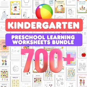 Könnte beinhalten: Eine Collage aus bunten, druckbaren Arbeitsblättern für Kindergarten und Vorschule. Die Arbeitsblätter bieten eine Vielzahl von Lernaktivitäten, darunter Zählen, Buchstaben nachzeichnen und Formen zuordnen. Der Text "Kindergarten Preschool Learning Worksheets Bundle 700+ " ist in großen, rosafarbenen Buchstaben dargestellt.