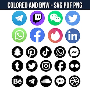 May include: A collection of 24 social media icons in both color and black and white. The icons include popular platforms like Facebook, Twitter, Instagram, TikTok, and more.