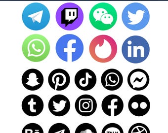 50x Social media Icons Svg Pdf, Black and Colored Media Icons Vector Digital Download
