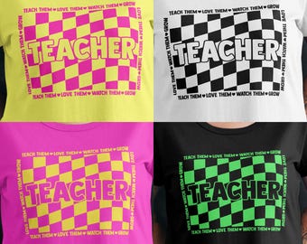 Retro Teacher PNG, 8 Colors Colorful Checkerboard svg Teacher Sublimation, Back to School Png, Groovy Love Them Teach Them Png