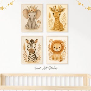 Safari Animal Nursery Wall Art Set of 4 | Baby Room Decor | Elephant Lion Zebra Giraffe Prints | Boho Neutral Digital Download for Kids