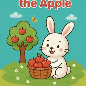 May include: A children's book cover titled "Fido and the Apple" featuring a cartoon bunny holding a basket of red apples. A green tree with red apples and a yellow butterfly are also shown. The author's name is Nadia Hossny.