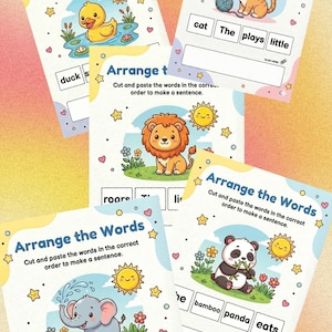 Puede incluir: Hojas de trabajo educativas para niños con ilustraciones de un pato, un gato, un león, un elefante y un panda. Cada hoja de trabajo tiene el texto "Ordena las palabras" y pide cortar y pegar palabras para formar oraciones. Decoradas con estrellas, corazones y soles.