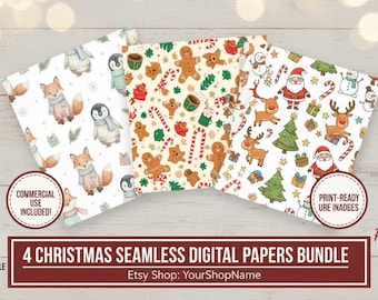 Può includere: Vengono presentati quattro design di carta digitale a tema natalizio, con motivi festivi di volpi, pinguini, omini di pan di zenzero, bastoncini di zucchero, Babbo Natale, renne e alberi di Natale. Il pacchetto include l'uso commerciale e badge pronti per la stampa.
