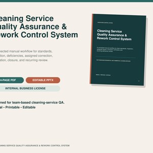 May include: A Cleaning Service Quality Assurance & Rework Control System document set. Includes a 24-page PDF and editable PPTX file for team-based cleaning services. Features a dark green manual cover with white text and an internal business licence.