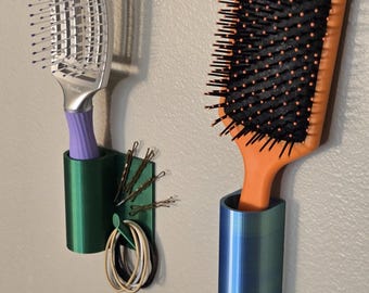 Hair Brush Holder - Optional Bobby Pin & Hair Tie Organization - Wall Mounted