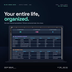 May include: A digital planner on a laptop screen, showing a dark-themed spreadsheet with sections for goals, tasks, and progress tracking. The text reads "Your entire life, organised."