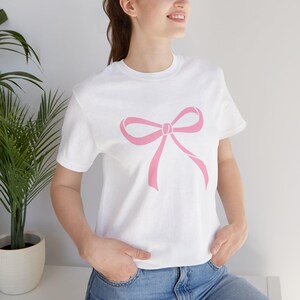 Pink Bow Tee Shirt, ladies coquette  Jersey Short Sleeve Tee, Pink Bow Shirt, Stylish Bow Graphic Tee, Feminine