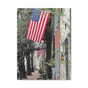 Canvas Print, Patriotic Wall Art Old Town Virginia, Stretched Matte Wall Decor, 12x12 Inch, Historic Home Decor, USA Flag Painting, American